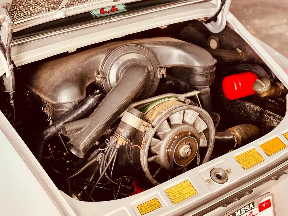 Engine bay of an air-cooled Porsche 911 flat-six